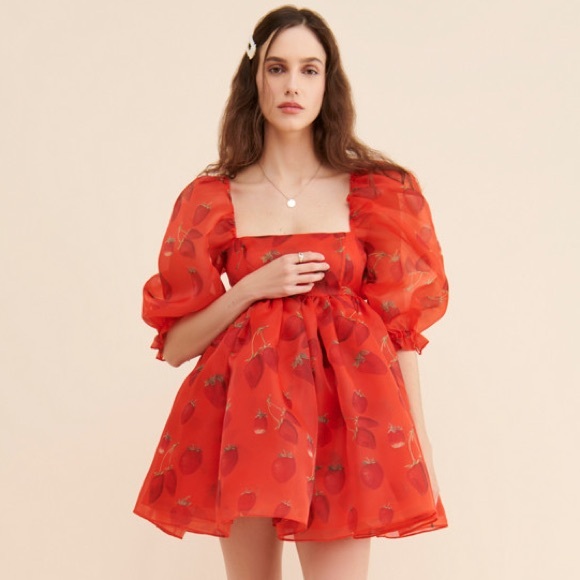 Selkie Red Strawberry Puff Dress L - Picture 4 of 10